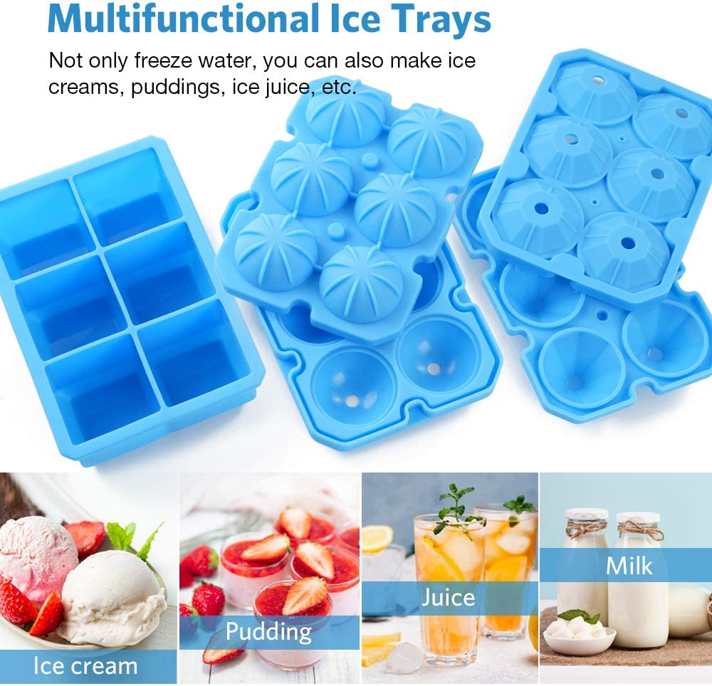 Ice Cube Trays, 3 Pack Food-Grade Silicone Ice Cube Trays Round Big Ice Balls Square Diamond Ice Cube Molds, Reusable and BPA Free Easy Release Reusable for Chilling Whiskey Wine Cocktail