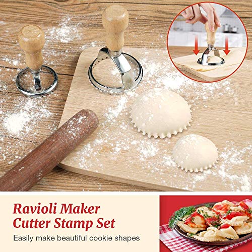 Ravioli Stamp Maker Cutter Round Shapes Mold with Wooden Handle with Dumplings Maker Sets (13 Pack)