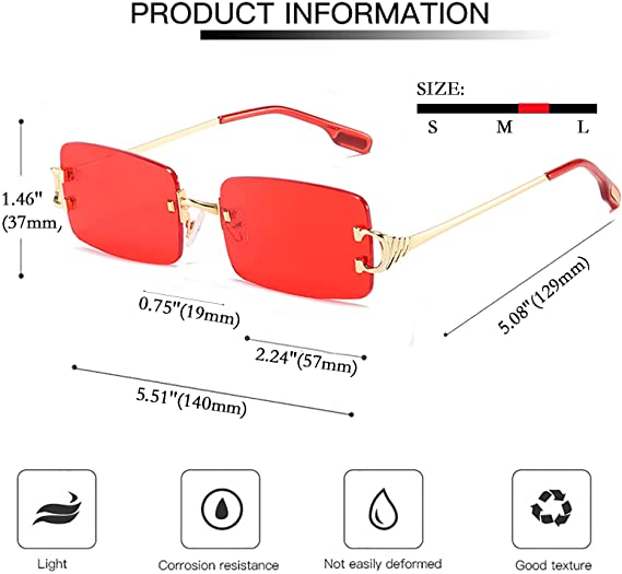 Sunglasses 90s Frameless Rectangle Tinted Lens Eyewear Candy Color Glasses for Women Men