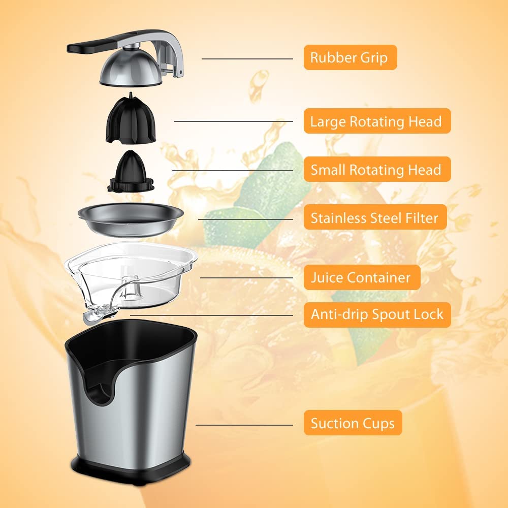 Electric Citrus Juicer Squeezer Stainless Steel 150 Watts of Power for Orange Lemon Lime Grapefruit Juice with Soft Rubber Grip, Filter and Anti-drip Spout Lock - Black, Black/Stainless Steel