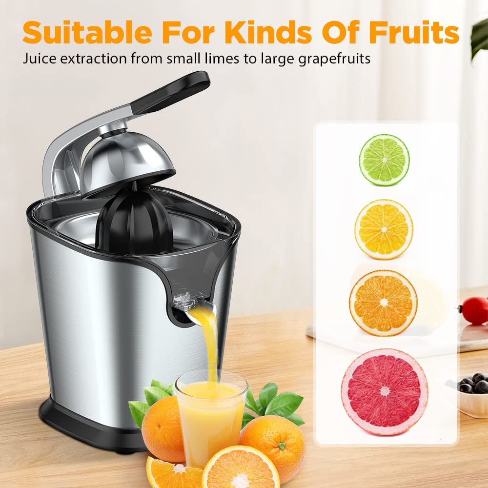 Electric Citrus Juicer Squeezer Stainless Steel 150 Watts of Power for Orange Lemon Lime Grapefruit Juice with Soft Rubber Grip, Filter and Anti-drip Spout Lock - Black, Black/Stainless Steel