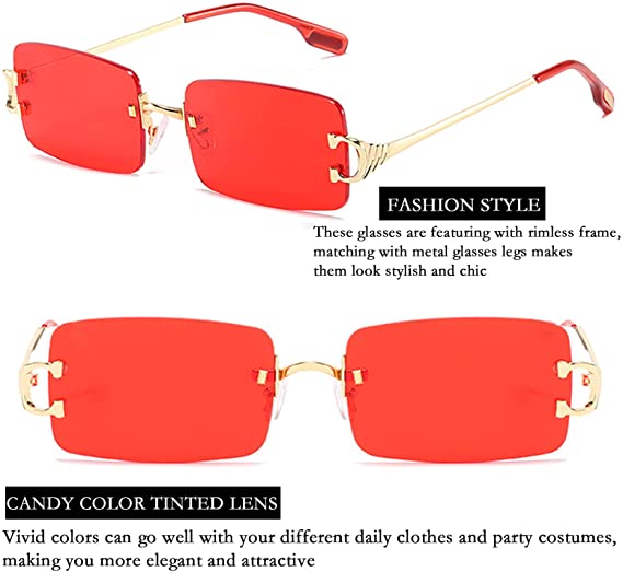 Sunglasses 90s Frameless Rectangle Tinted Lens Eyewear Candy Color Glasses for Women Men