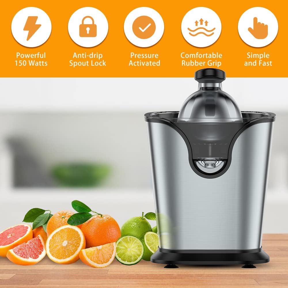 Electric Citrus Juicer Squeezer Stainless Steel 150 Watts of Power for Orange Lemon Lime Grapefruit Juice with Soft Rubber Grip, Filter and Anti-drip Spout Lock - Black, Black/Stainless Steel