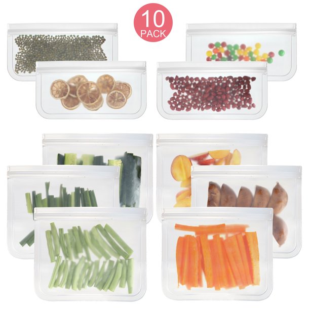 Reusable Food Storage Bags - 10 Pack BPA FREE Flat Freezer Bags（6 Leakproof Reusable Sandwich Bags 8.66*7.8inch+ 4 Food Grade Kids Snack Bags 8.66*4.8inch) Resealable Lunch Bag for Meat Fruit Veggies