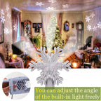 Christmas Tree Topper, 9.6” Snowflake Tree Toppers Lighted Indoor with Rotating 3D Silver Snowflake LED Projector Hollow Glitter Lighted for Tree Christmas Decorations Holiday Ornaments