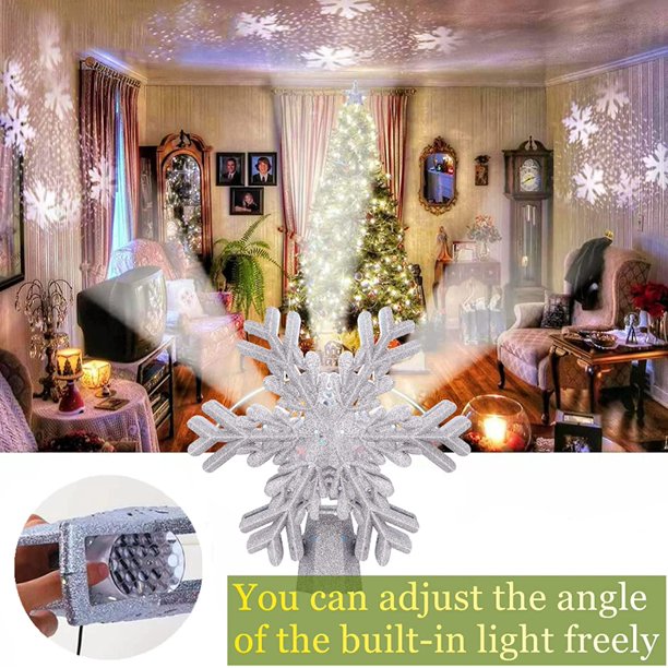 Christmas Tree Topper, 9.6” Snowflake Tree Toppers Lighted Indoor with Rotating 3D Silver Snowflake LED Projector Hollow Glitter Lighted for Tree Christmas Decorations Holiday Ornaments