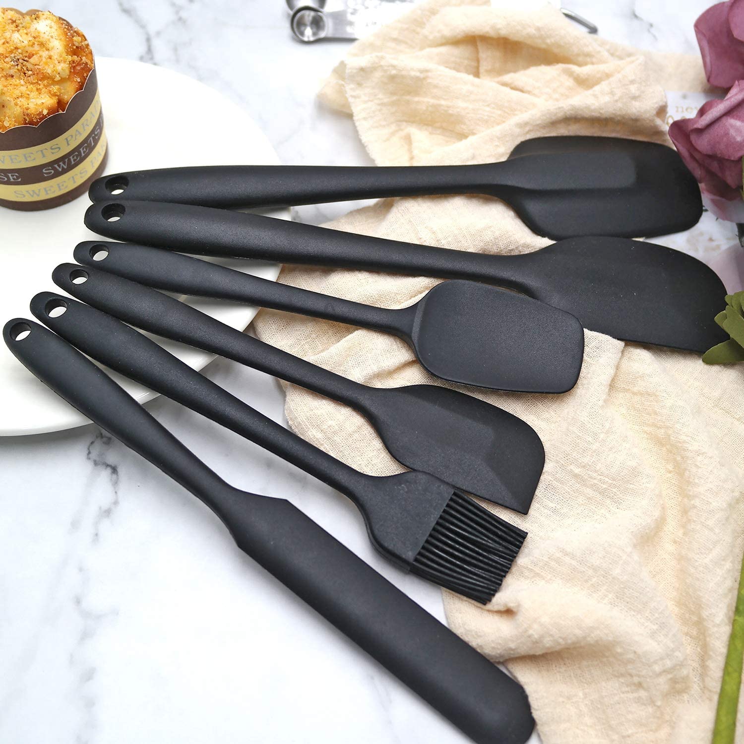 Silicone Spatula Set of 6 , Heat Resistant Silicone Spatula Kitchen Utensils for Baking , Cooking , Nonstick Cookware Dishwasher Safe Silicone Spatula, Black