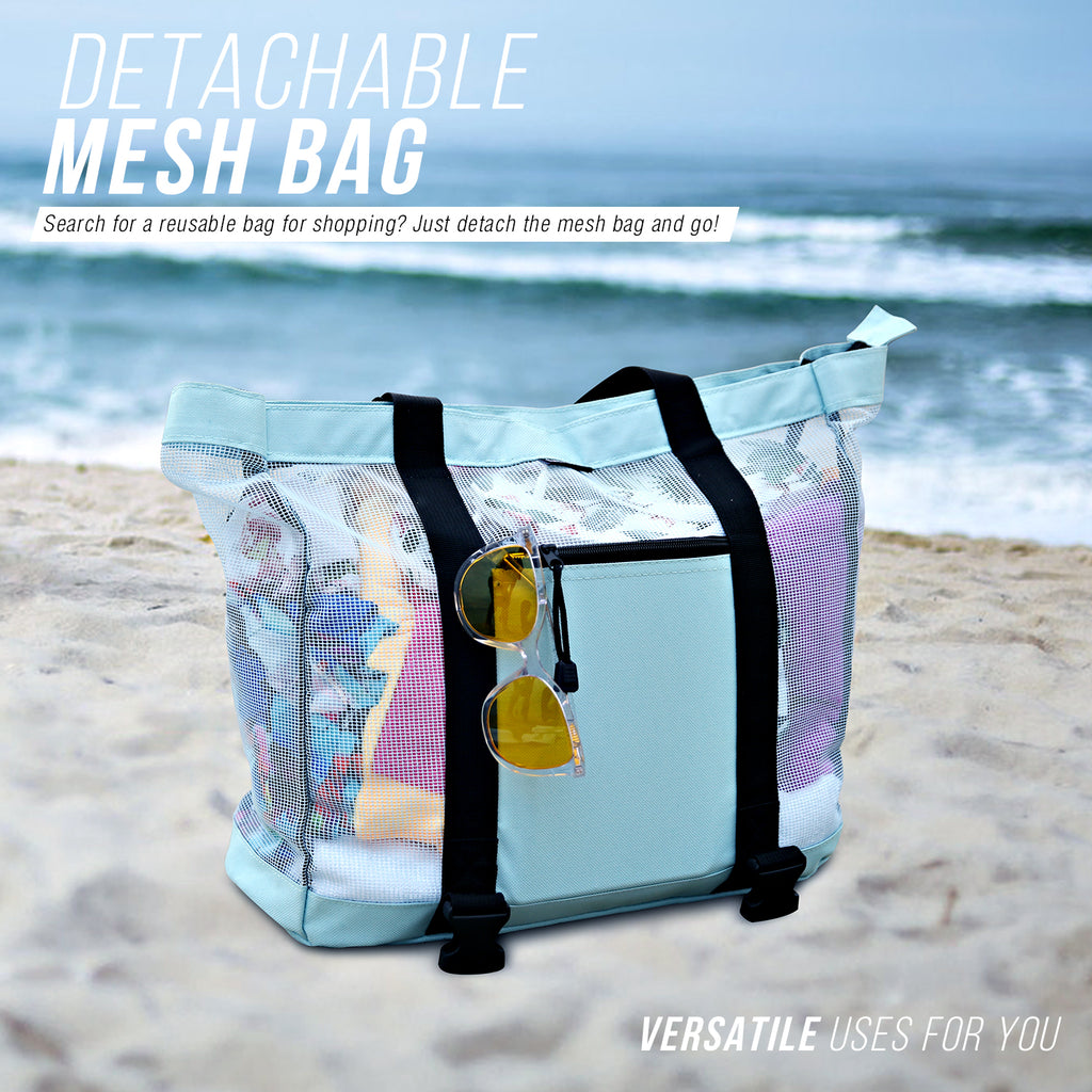 Mesh Beach Tote Bag with Cooler - Detachable Design with Picnic Cooler, Blue