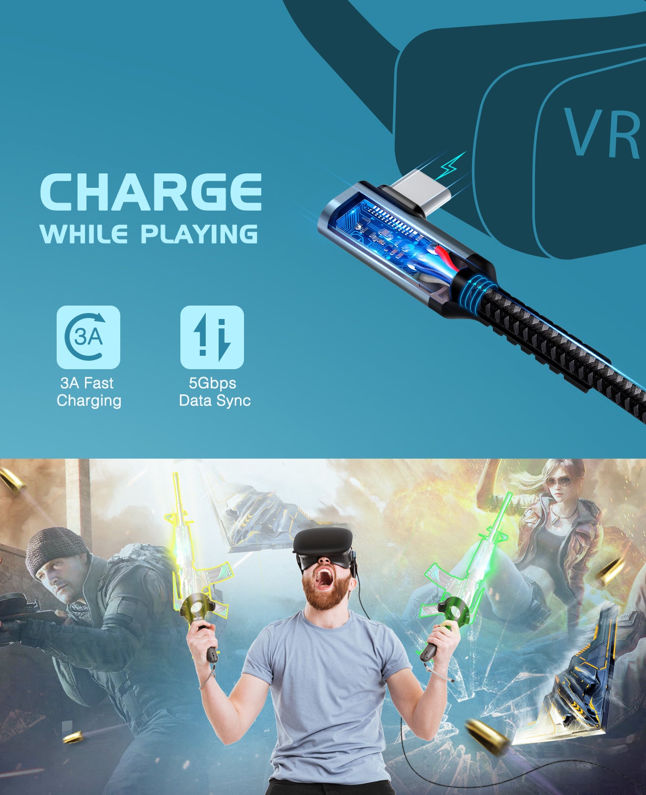Link Cable 16FT/5M Compatible for Oculus Quest 2, FLOPAD Nylon Braided High Speed Data Transfer & Fast Charging Cable Compatible for VR Headset Quest Headset and Gaming PC