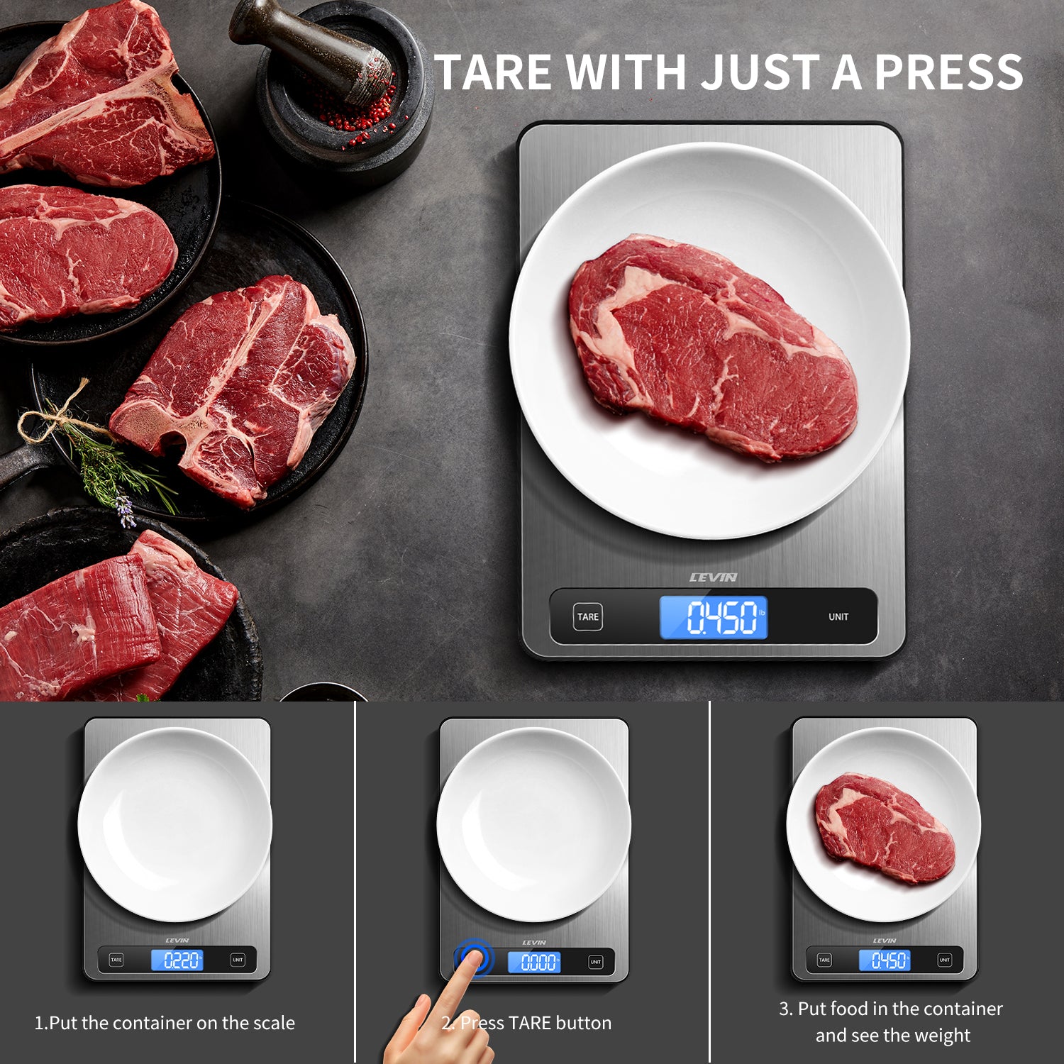 Food Scale 33lb Digital Kitchen Scale with 1g/0.05oz Precise Graduation, 5 Units LCD Display Scale for Cooking/Baking in KG, G, oz, ml, and lb, Easy Clean Stainless Steel and Tempered Glass