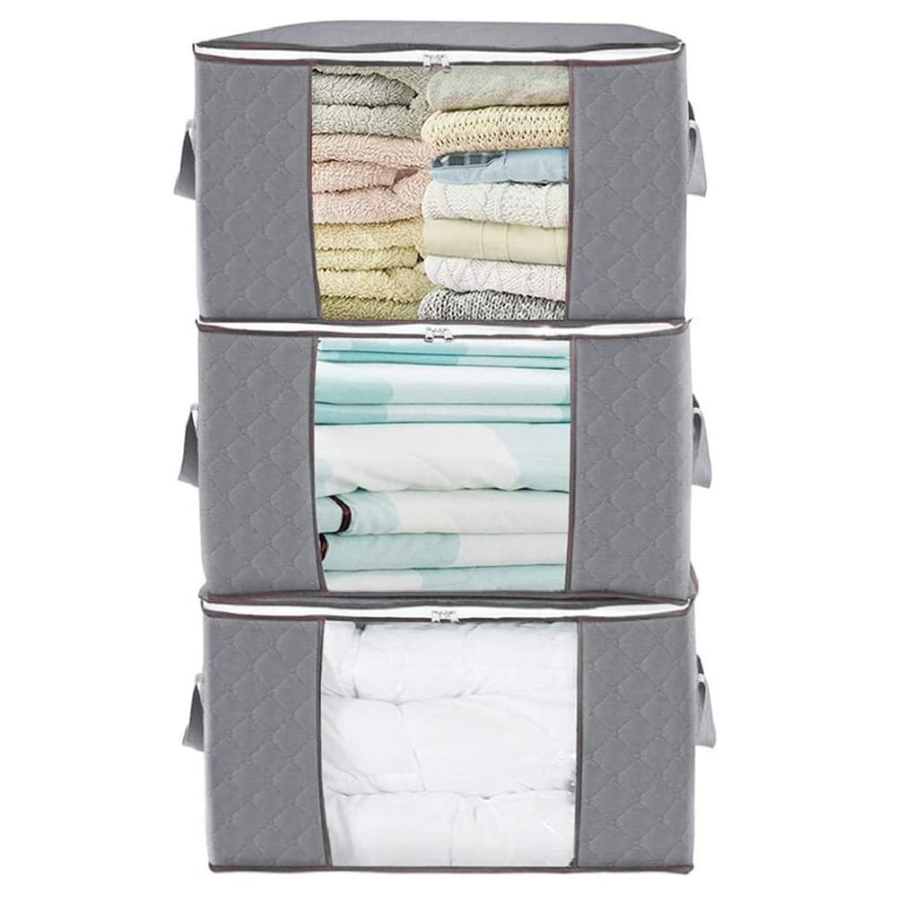 Large Capacity Clothes Storage Bag Organizer with Reinforced Handle Thick Fabric for Comforters, Blankets, Bedding, Foldable with Sturdy Zipper, Clear Window, 3 Pack, 84L, Grey