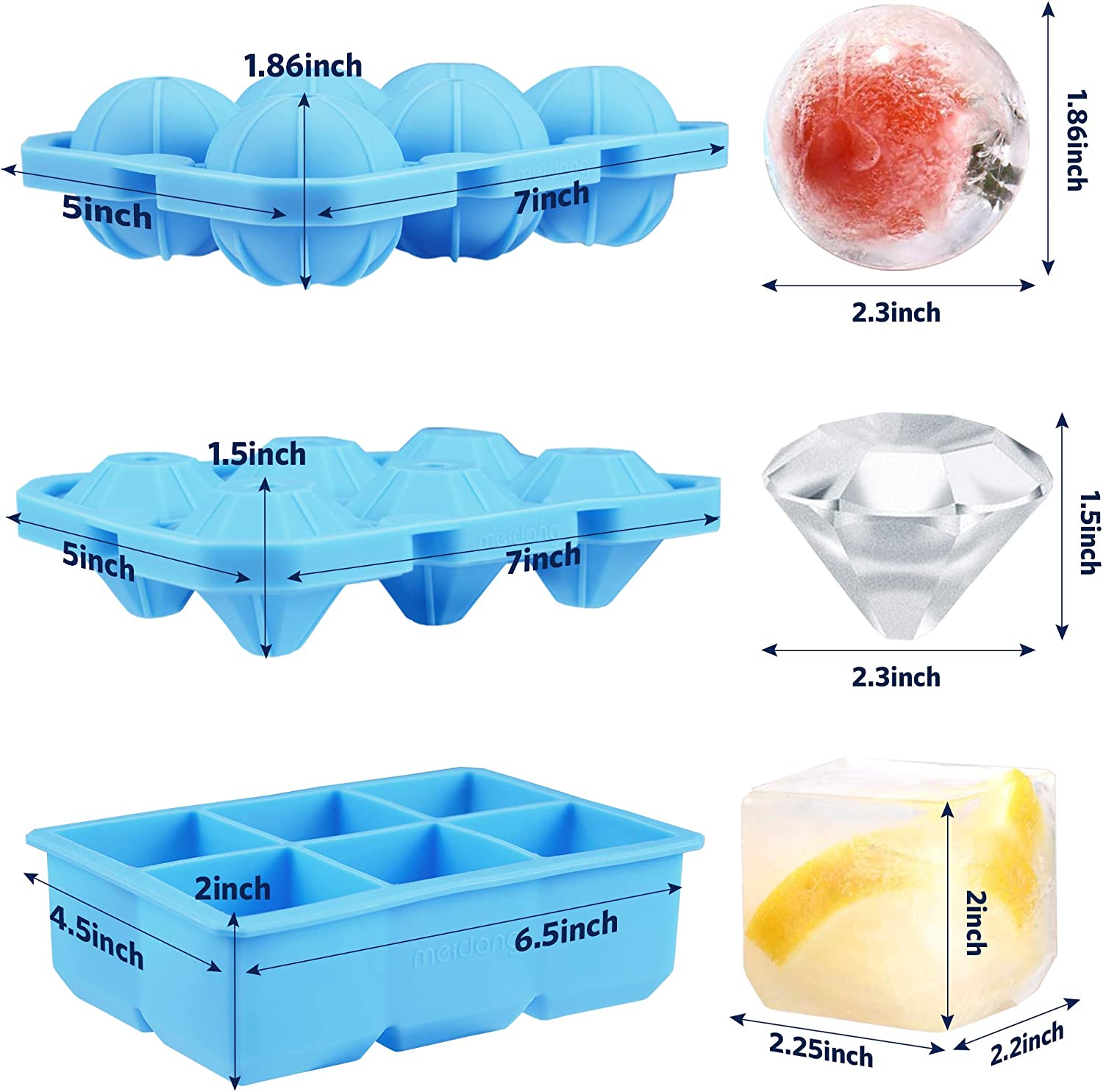 Ice Cube Trays, 3 Pack Food-Grade Silicone Ice Cube Trays Round Big Ice Balls Square Diamond Ice Cube Molds, Reusable and BPA Free Easy Release Reusable for Chilling Whiskey Wine Cocktail