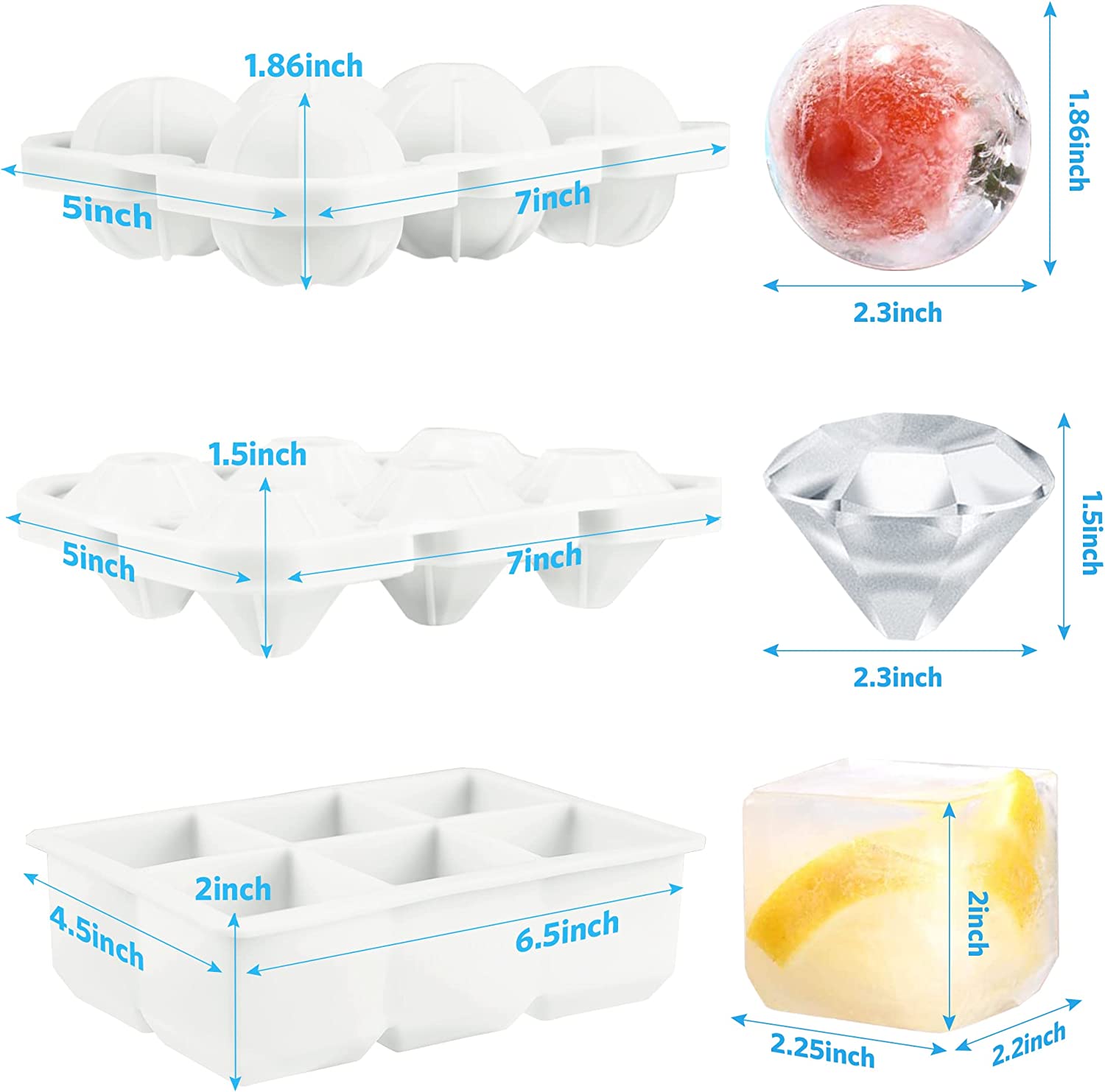 Ice Cube Trays, 3 Pack Food-Grade Silicone Ice Cube Trays Round Big Ice Balls Square Diamond Ice Cube Trays, Reusable and Easy Release Reusable for Chilling Whiskey Wine Cocktail (White)