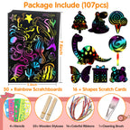 Riarmo Scratch Art Paper Set for Kids, 107 Pcs Rainbow Magic Scratch Off Paper Art Craft for Boys & Girls, Fun Imagination Trigger Game for Children’s Summer Vacation, Birthday, and Party Gift