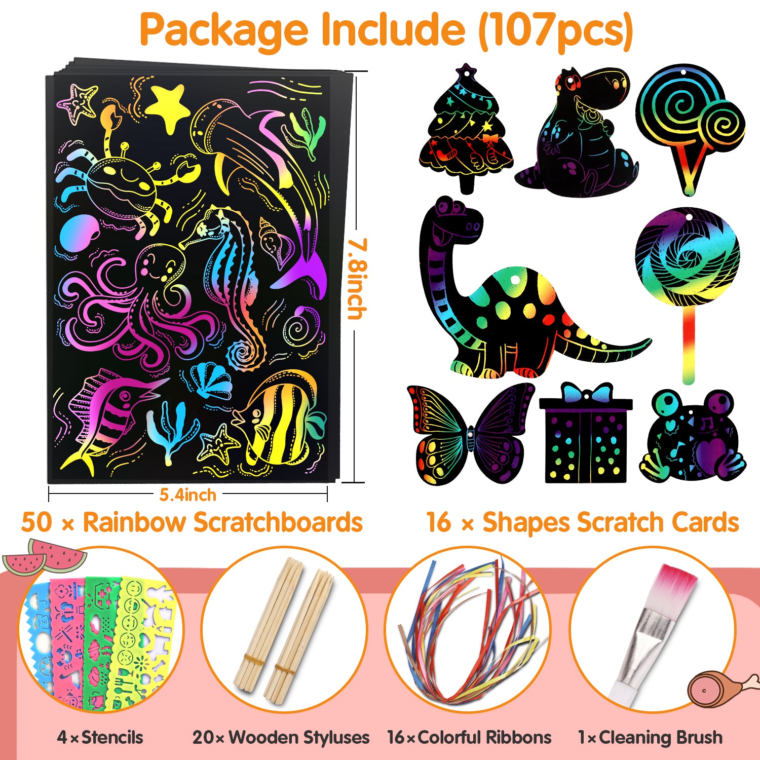 Riarmo Scratch Art Paper Set for Kids, 107 Pcs Rainbow Magic Scratch Off Paper Art Craft for Boys & Girls, Fun Imagination Trigger Game for Children’s Summer Vacation, Birthday, and Party Gift