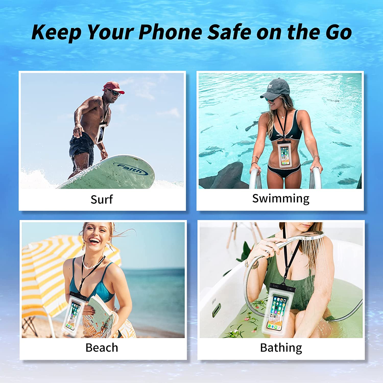 Waterproof Phone Bag IPX8 Cell Phone Pouch for Swimmers Divers Outdoor Beach Pool Shower Bath Hot Tub Water-activity, with Airbag Protection & Secure Lock, Compatible with iPhone/Samsung Galaxy up to 7.0 IN (2 PCs in Black)