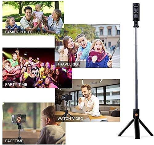 Selfie Stick Tripod with Remote, Extendable Selfie Stick Tripod with LED Ring Light, Detachable Remote, Black