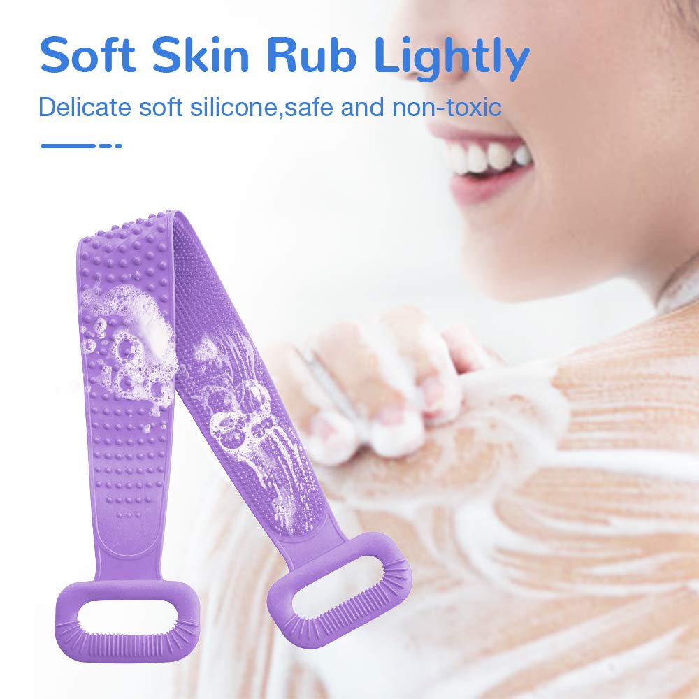Meidong Silicone Bath Body Brush, Exfoliating Lengthen Silicone Body Back Scrubber, Easy to Clean, Lathers Well, Eco Friendly, Long Lasting, Comfortable Massage for Shower(Purple)