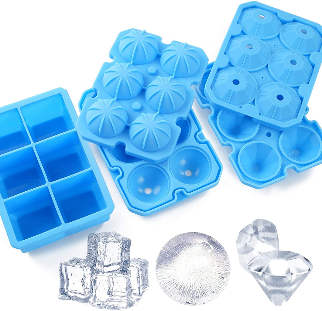 Ice Cube Trays, 3 Pack Food-Grade Silicone Ice Cube Trays Round Big Ice Balls Square Diamond Ice Cube Molds, Reusable and BPA Free Easy Release Reusable for Chilling Whiskey Wine Cocktail