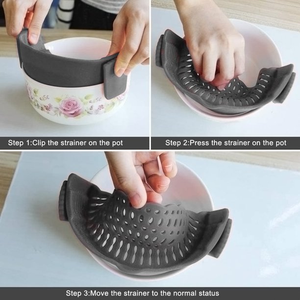 Kitchen Snap N Strain Pot Strainer and Pasta Strainer, Adjustable Silicone Clip On Strainer for Pots, Pans, and Bowls - Kitchen Colander, Gray