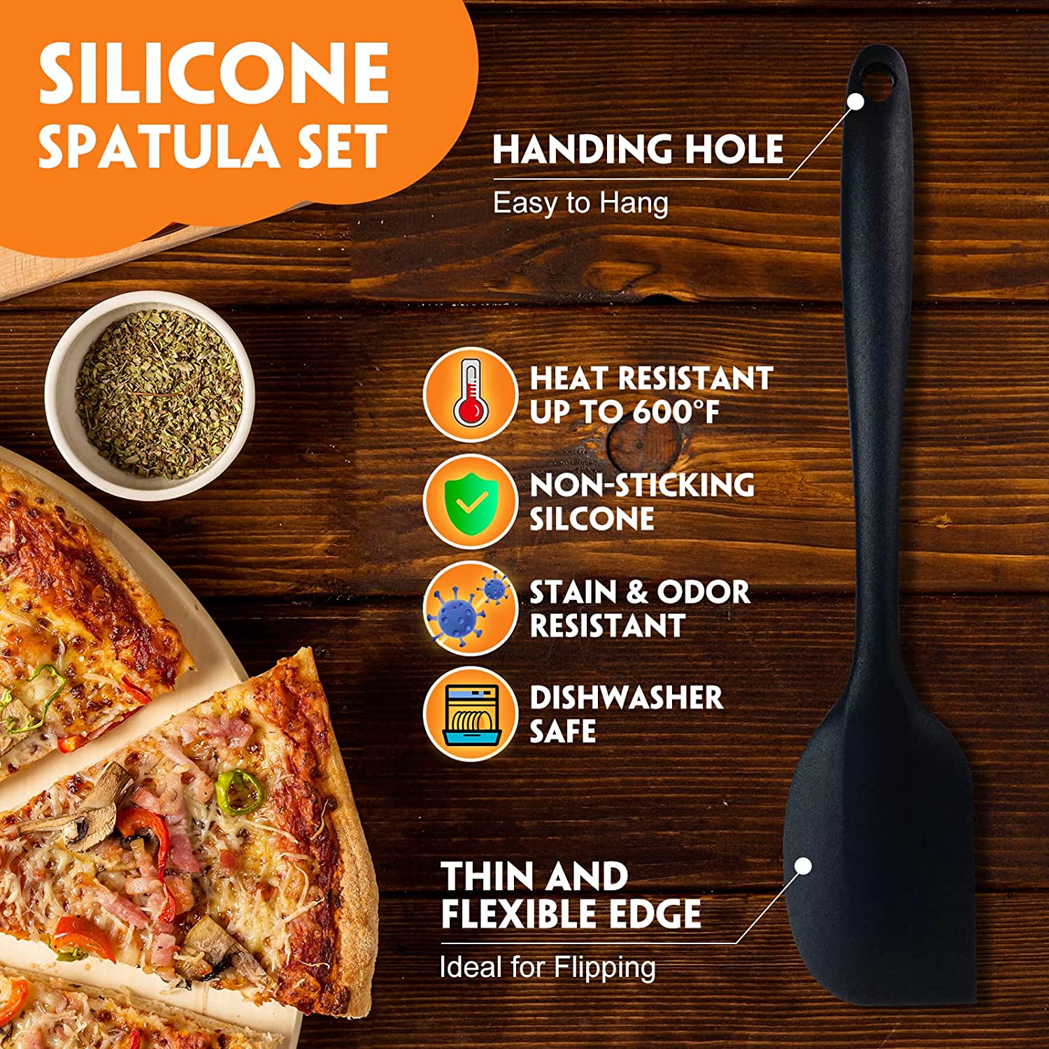 Silicone Spatula Set of 6 , Heat Resistant Silicone Spatula Kitchen Utensils for Baking , Cooking , Nonstick Cookware Dishwasher Safe Silicone Spatula, Black