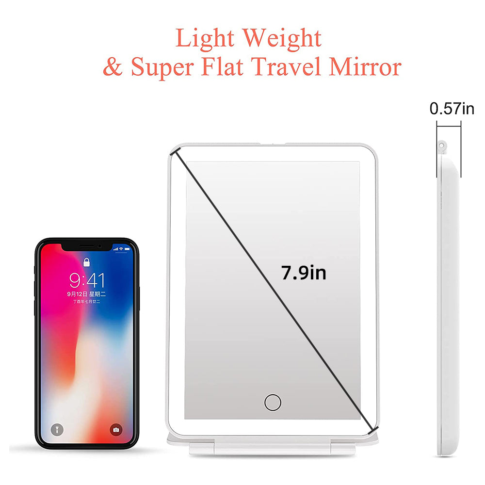 Folding Travel Mirror Lighted Makeup Mirror with 60 LEDs 3 Colors Light Modes USB Rechargable 1000mA Batteries Portable Ultra Thin Compact Vanity Mirror with Touch Screen