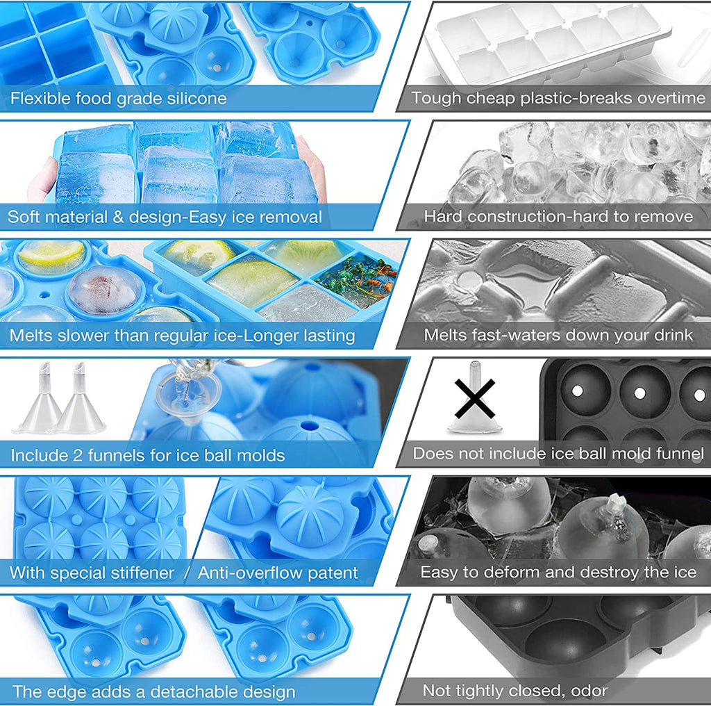 Ice Cube Trays, 3 Pack Food-Grade Silicone Ice Cube Trays Round Big Ice Balls Square Diamond Ice Cube Molds, Reusable and BPA Free Easy Release Reusable for Chilling Whiskey Wine Cocktail
