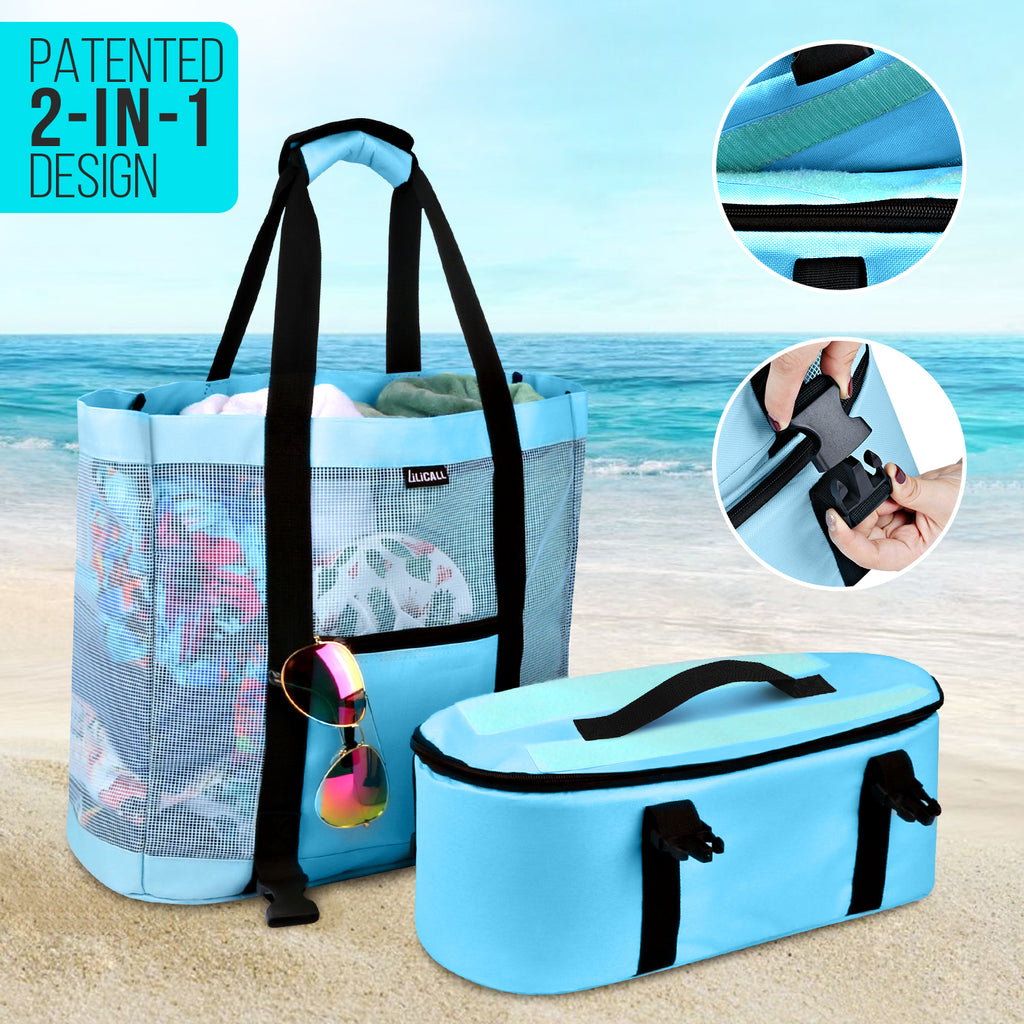 Mesh Beach Tote Bag with Cooler - Detachable Design with Picnic Cooler, Blue