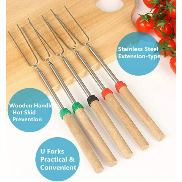 12 Pcs Roasting Sticks Wooden Handle, Extendable Stainless Steel Marshmallow Roasting Sticks Telescoping Forks, Campfire Sticks, 32in Smores Sticks, Telescoping Skewers for Campfire, BBQ
