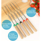12 Pcs Roasting Sticks Wooden Handle, Extendable Stainless Steel Marshmallow Roasting Sticks Telescoping Forks, Campfire Sticks, 32in Smores Sticks, Telescoping Skewers for Campfire, BBQ