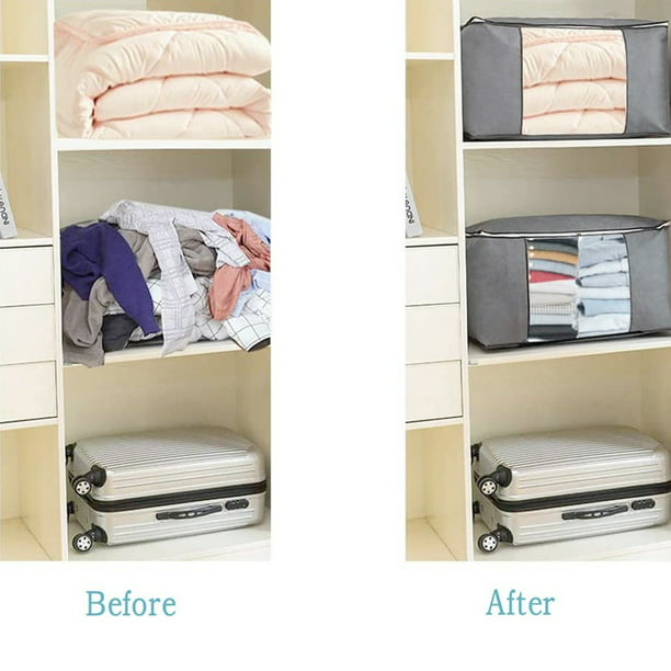 Large Capacity Clothes Storage Bag Organizer with Reinforced Handle Thick Fabric for Comforters, Blankets, Bedding, Foldable with Sturdy Zipper, Clear Window, 3 Pack, 84L, Grey
