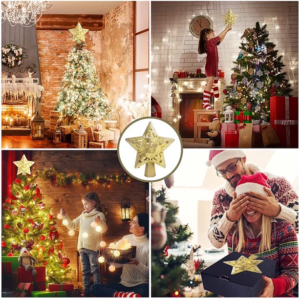 Christmas Tree Topper Projector, LED Star Tree Topper Light, Glitter Gold Star Topper Projector with Rotating Star Projection for Indoor Christmas Tree Decor, Xmas Decorations