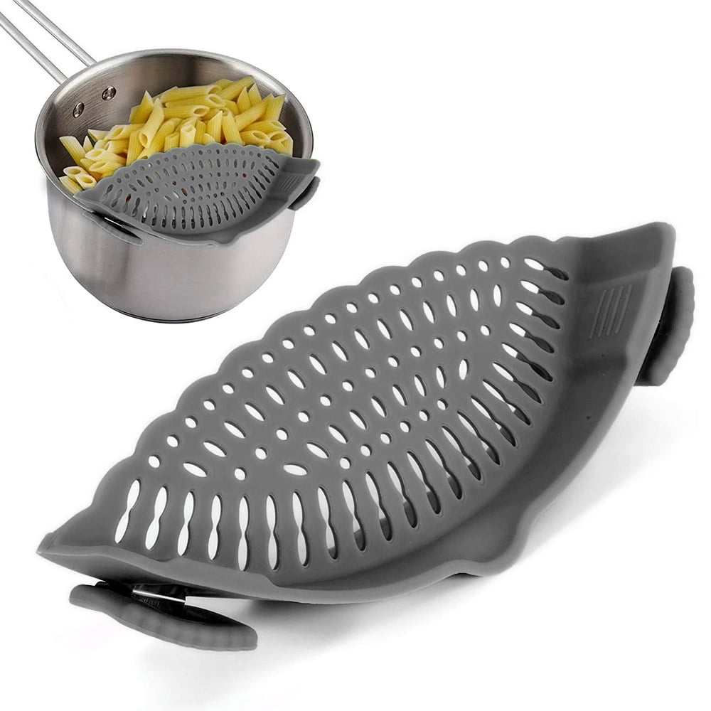Kitchen Snap N Strain Pot Strainer and Pasta Strainer, Adjustable Silicone Clip On Strainer for Pots, Pans, and Bowls - Kitchen Colander, Gray