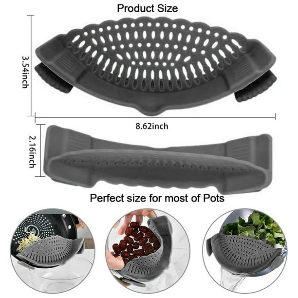 Kitchen Snap N Strain Pot Strainer and Pasta Strainer, Adjustable Silicone Clip On Strainer for Pots, Pans, and Bowls - Kitchen Colander, Gray