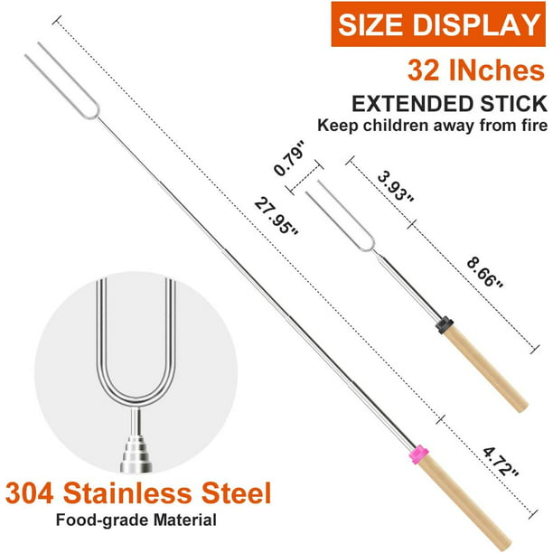 12 Pcs Roasting Sticks Wooden Handle, Extendable Stainless Steel Marshmallow Roasting Sticks Telescoping Forks, Campfire Sticks, 32in Smores Sticks, Telescoping Skewers for Campfire, BBQ