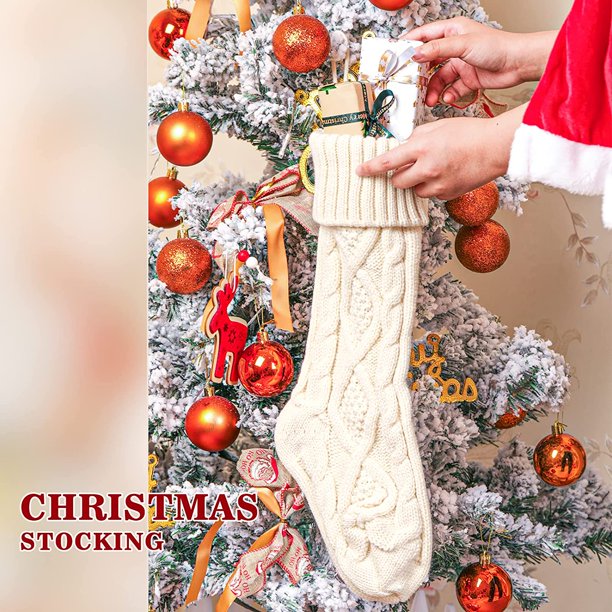 4 Pack Christmas Stockings 18 Inches Large Size Cable Knitted Stocking Gifts & Decorations for Family Holiday Xmas Party, Ivory White