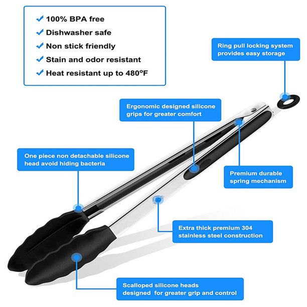 Kitchen Tongs Stainless Steel Cooking Tongs with Silicone Tips Heat Resistant Food Tongs for Cooking Grilling Turning set of 7" 9" and 12" Black