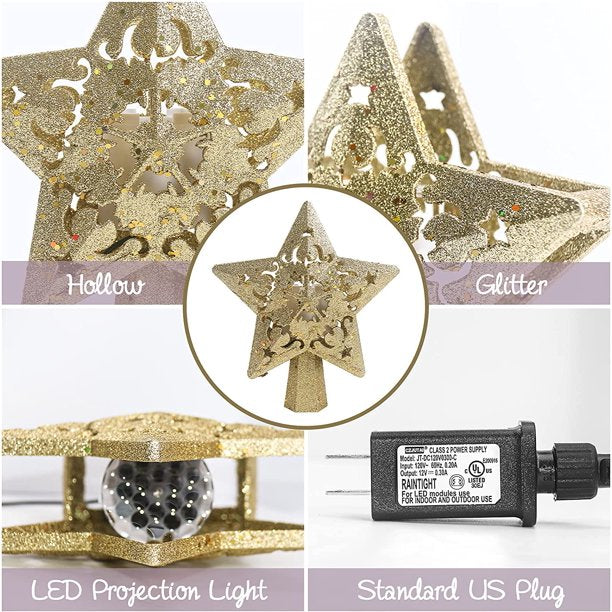Christmas Tree Topper Projector, LED Star Tree Topper Light, Glitter Gold Star Topper Projector with Rotating Star Projection for Indoor Christmas Tree Decor, Xmas Decorations