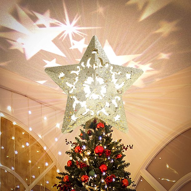 Christmas Tree Topper Projector, LED Star Tree Topper Light, Glitter Gold Star Topper Projector with Rotating Star Projection for Indoor Christmas Tree Decor, Xmas Decorations