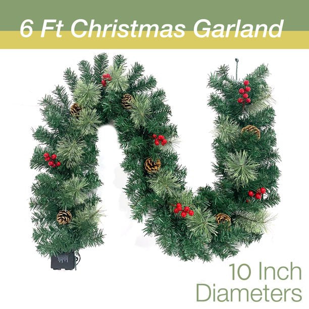 Christmas Garland Pre-Lit Artificial Green with Pine Cones Berry Clusters 40 Lights 6ft for Winter Christmas Indoor Outdoor New Year Xmas Decorations