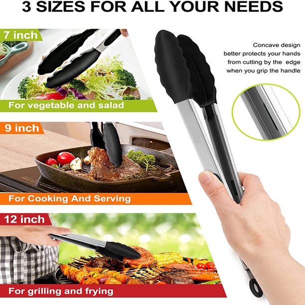 Kitchen Tongs Stainless Steel Cooking Tongs with Silicone Tips Heat Resistant Food Tongs for Cooking Grilling Turning set of 7" 9" and 12" Black