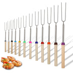 12 Pcs Roasting Sticks Wooden Handle, Extendable Stainless Steel Marshmallow Roasting Sticks Telescoping Forks, Campfire Sticks, 32in Smores Sticks, Telescoping Skewers for Campfire, BBQ