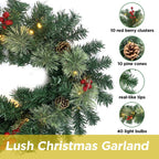 Christmas Garland Pre-Lit Artificial Green with Pine Cones Berry Clusters 40 Lights 6ft for Winter Christmas Indoor Outdoor New Year Xmas Decorations