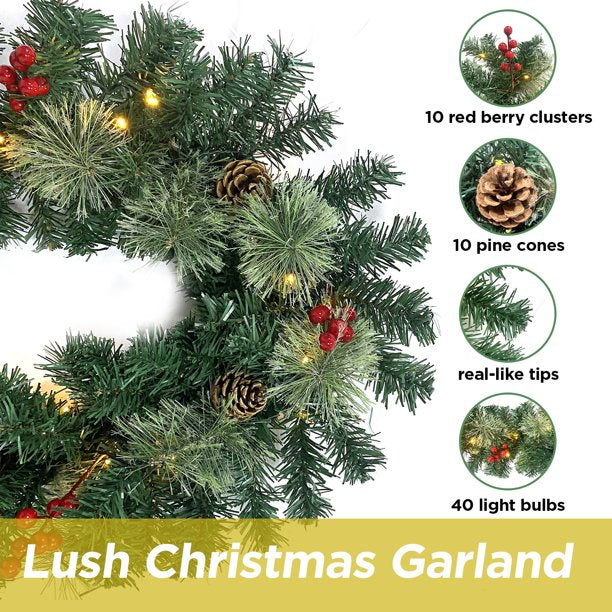 Christmas Garland Pre-Lit Artificial Green with Pine Cones Berry Clusters 40 Lights 6ft for Winter Christmas Indoor Outdoor New Year Xmas Decorations