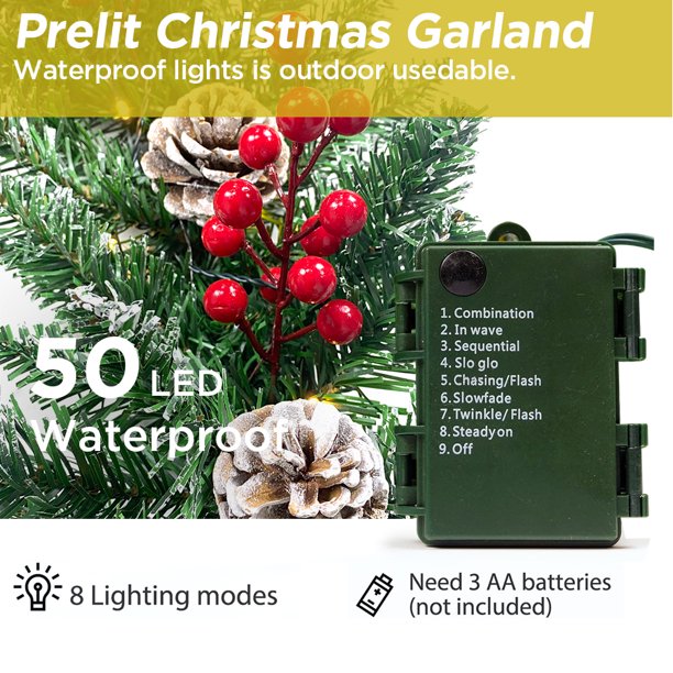 9ft Pre-Lit Christmas Garland with 50 Waterproof LED Light and Pine Cones and Berries, Battery Operated Garland 220 Branches Christmas Decoration for Xmas Holiday & Party (4.7) 4.7 stars out of 57 reviews 57 reviews